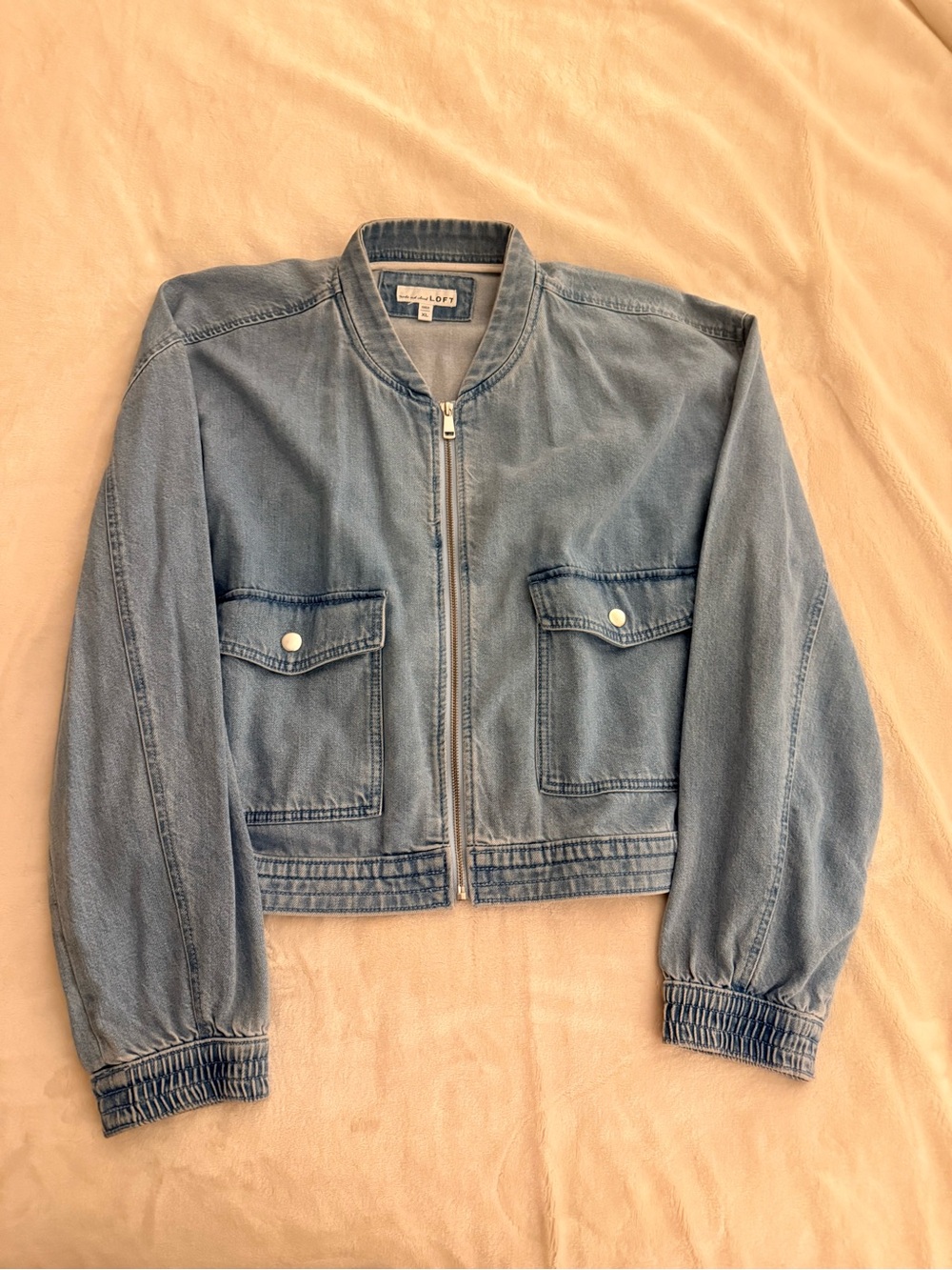 LOFT Light Blue Denim Zip Front Bomber Jacket